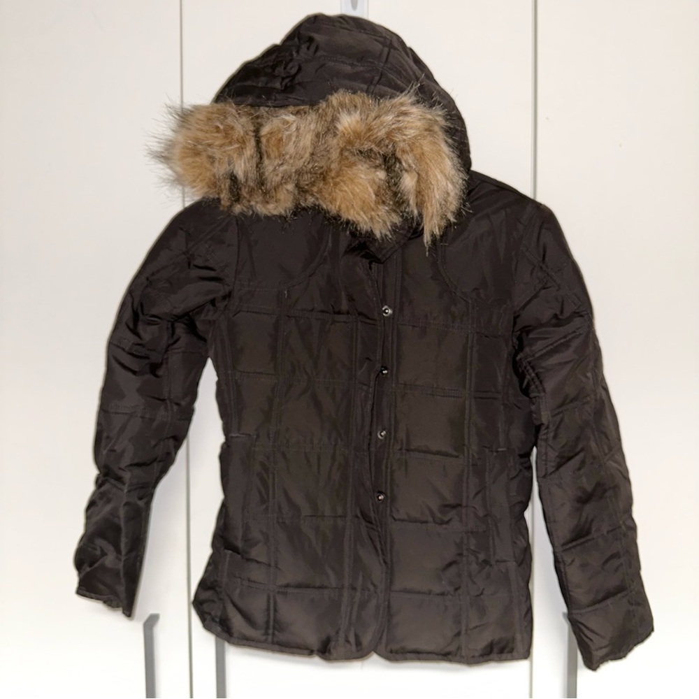GIRLS | Sz Medium GAP Jacket Winter Puffer with attached Fur Hood - Black